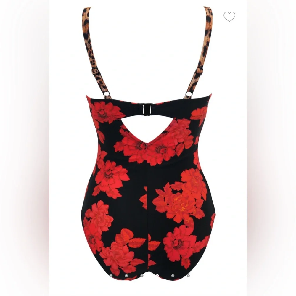 Pour Moi St Lucia Red Floral & Leopard Print Underwire Swimsuit Sz 38I NWT - Picture 7 of 11